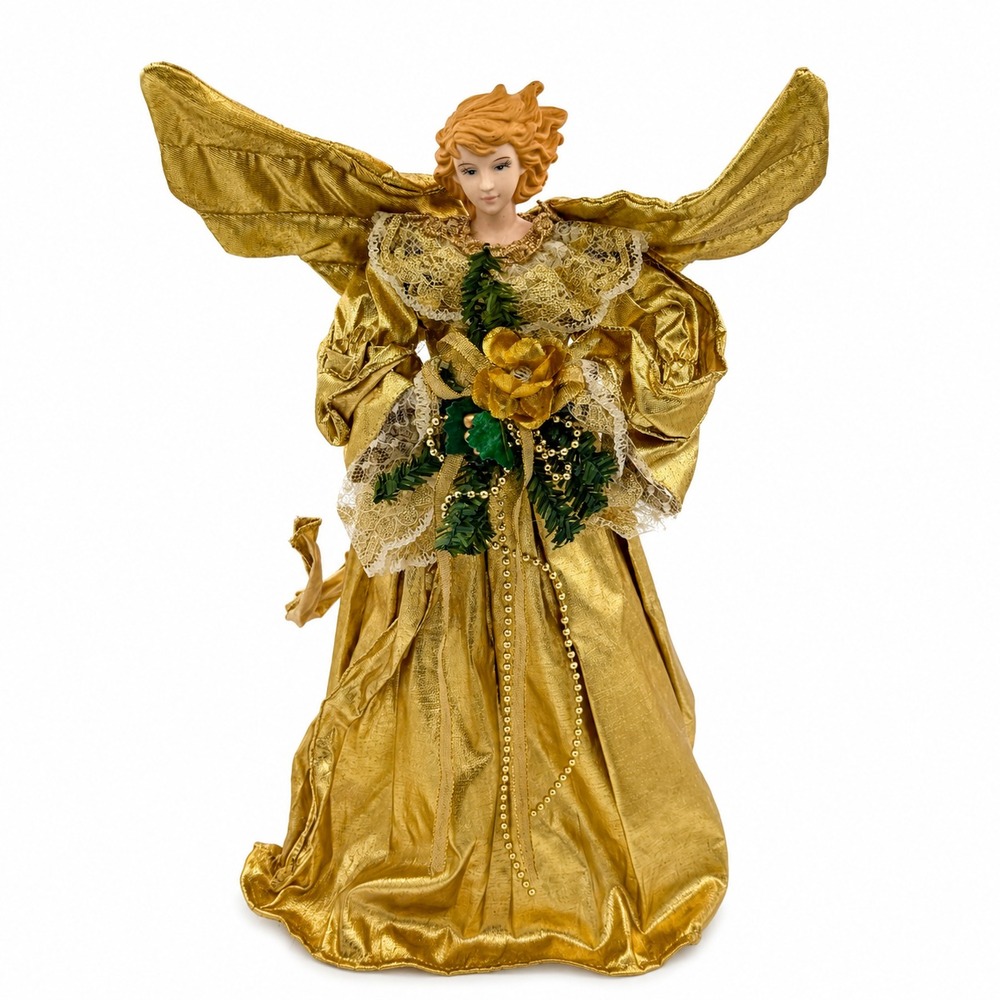 Vintage Gold Christmas Angel Tree Topper 15" Lace Wings Holiday Decor READ